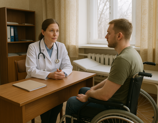 Врач консультирует пациента с инвалидностью в медицинском кабинете