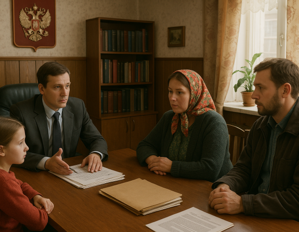 семья в офисе юриста за документами