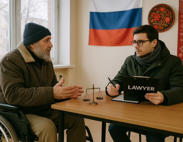 инвалид с юристом в общественном центре