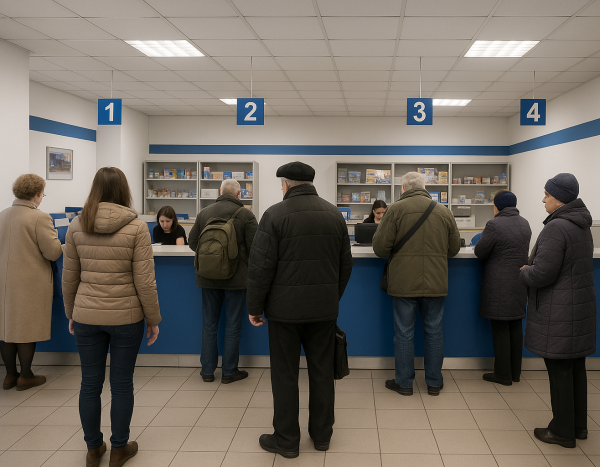 Интерьер почтового отделения с людьми в очереди