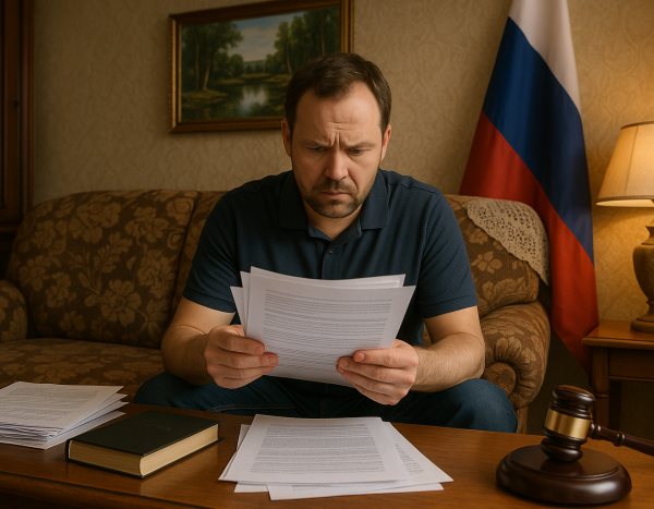 Мужчина внимательно изучает юридические документы в гостиной