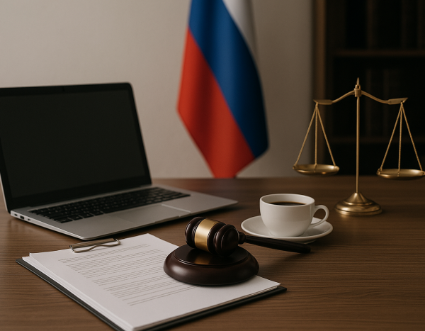 Стол адвоката с ноутбуком и бумагами в российском офисе
