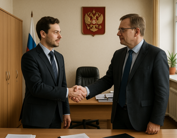 Деловые партнёры пожимают руки в офисе