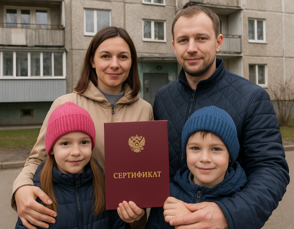Семья с жилищным сертификатом перед многоквартирным домом