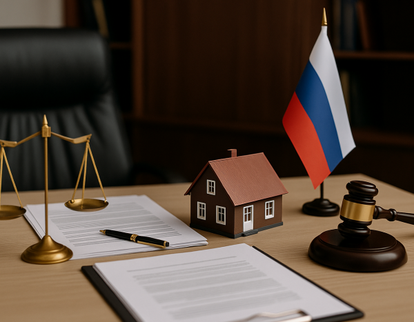 Юридические документы и модель дома на столе юриста.
