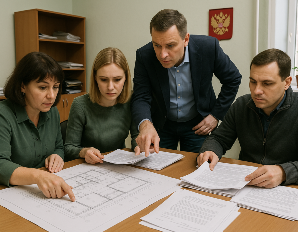 Люди в офисе просматривают строительные планы и документы