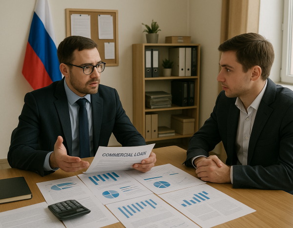 Партнеры обсуждают коммерческий кредит в офисе